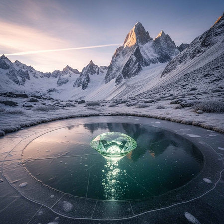 Fantastic winter landscape with crystal ball in front of Matterhorn peak, Zermatt, Switzerlandの写真素材