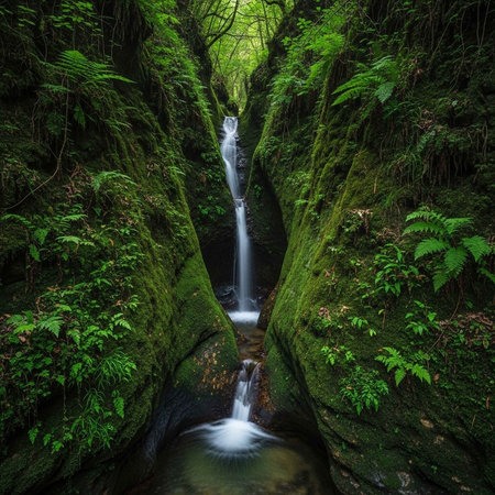 Waterfall in the forest with green moss and ferns.の写真素材