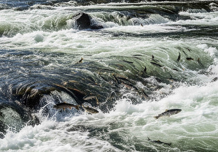 wild river with stones and fish in it, beautiful photo digital pictureの写真素材