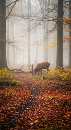 Red deer in foggy forest in autumn, Czech Republic, Europeの写真素材