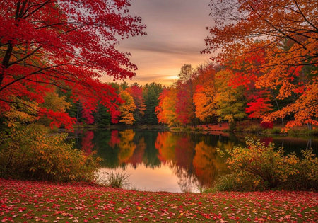 Autumn landscape with maple trees and lake in the park at sunsetの写真素材