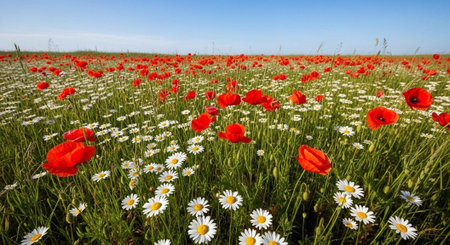 Field of poppies and daisies. Spring landscape.の写真素材