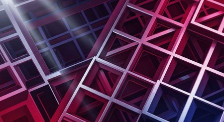A vibrant abstract background featuring a complex grid of intersecting lines and shapes in shades of pink and purpleの写真素材