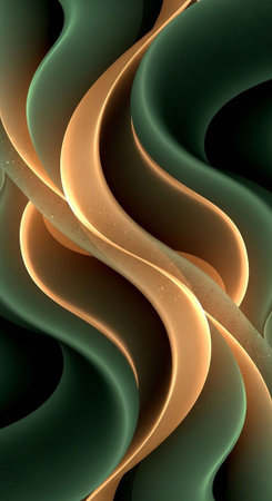 A vibrant abstract design featuring wavy green and orange shapes in a modern compositionの写真素材