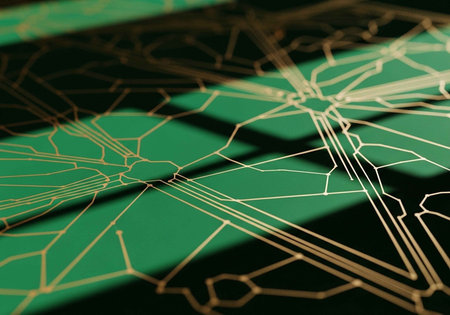 A close-up view of a green and gold circuit board with intricate lines and patternsの写真素材