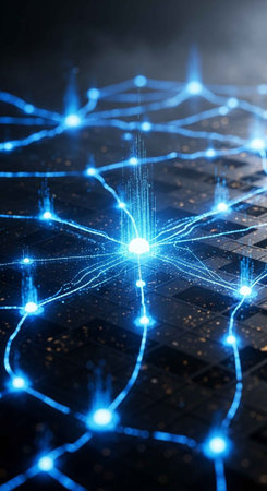 A glowing blue network of interconnected lines and nodes on a dark backgroundの写真素材