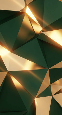 A close-up view of a shiny geometric pattern with gold and green trianglesの写真素材