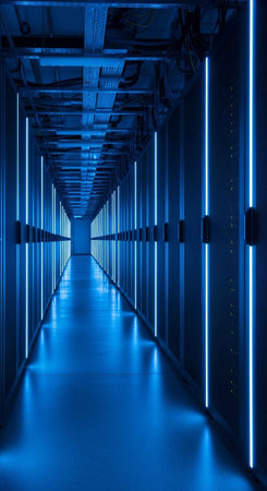 A long, blue-lit corridor in a modern data center with rows of server racksの写真素材