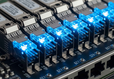 A close-up view of a computer motherboard with blue lights and various componentsの写真素材