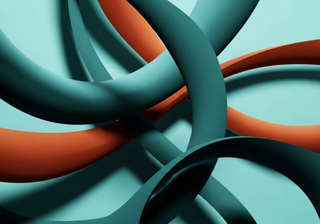 A vibrant abstract art piece featuring intertwined teal and orange ribbons on a light blue backgroundの写真素材