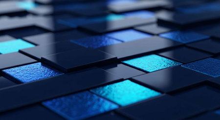 A close-up view of a futuristic blue and black tile pattern with a metallic sheenの写真素材