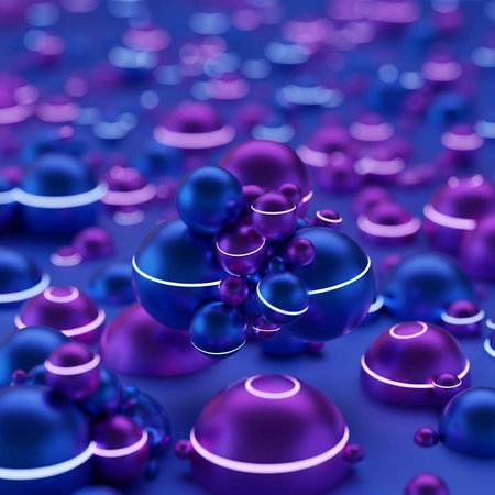 A vibrant and futuristic digital landscape featuring numerous purple and blue metallic spheres of various sizesの写真素材