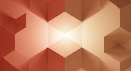 A vibrant abstract geometric pattern with warm colors and 3D shapesの写真素材