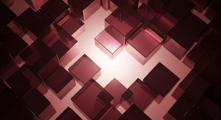 A 3D rendering of red cubes arranged in a grid with a glowing light in the centerの写真素材
