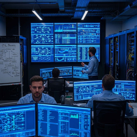 A team of IT professionals working together in a modern server room with multiple computer screensの写真素材