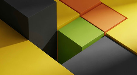 A colorful arrangement of 3D blocks in yellow, green, orange, and black huesの写真素材