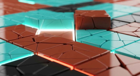 A 3D rendering of a puzzle with red, blue, and black pieces fitting togetherの写真素材