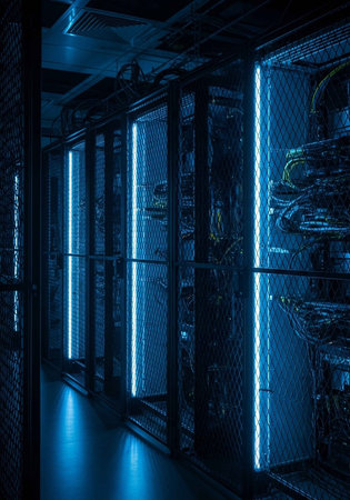 A dimly lit server room with rows of illuminated computer servers and networking equipmentの写真素材