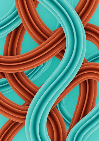 A vibrant abstract image featuring intertwined teal and orange curved lines on a solid backgroundの写真素材