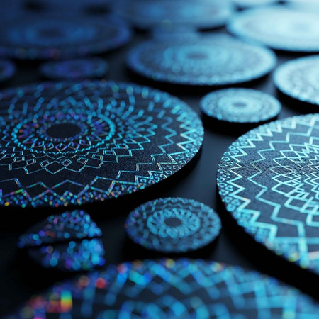 A collection of intricately designed blue and black circular objects with geometric patternsの写真素材