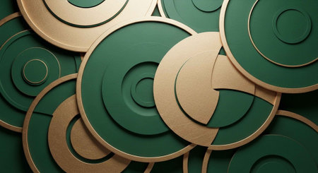 A close-up view of a pile of green and gold circular objects with a modern designの写真素材