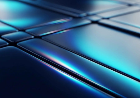 A close-up view of a sleek, modern, blue metallic surface with a grid patternの写真素材