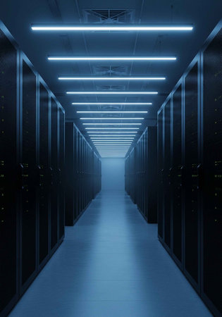 A long, dark server room with blue lighting and rows of computer serversの写真素材