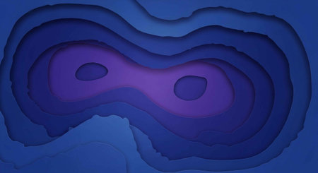 A vibrant purple and blue abstract landscape with layered contours and shapesの写真素材