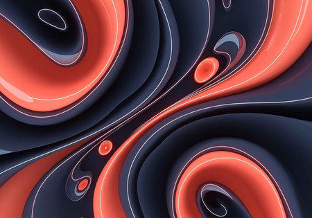 A vibrant abstract artwork featuring swirling black and orange shapesの写真素材