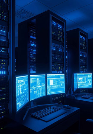 A dimly lit computer server room with multiple monitors and keyboards at nightの写真素材