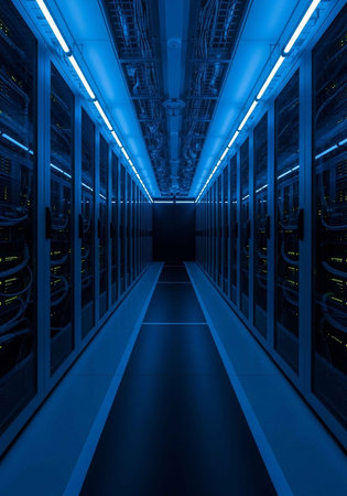 A dimly lit server room with rows of computer servers and blue lightingの写真素材