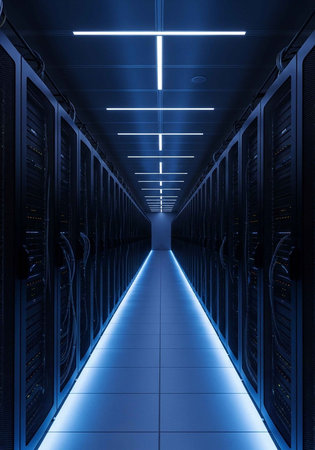 A long, dark server room with blue lighting and rows of computer serversの写真素材