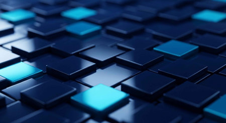 A close-up view of a modern blue and black tile pattern with shiny surfacesの写真素材