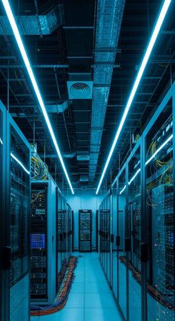 A modern data center with rows of server racks and bright blue lightingの写真素材