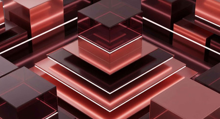 A futuristic abstract 3D rendering of red and black geometric shapes with glowing linesの写真素材