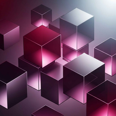 A collection of shiny purple cubes arranged in a modern geometric pattern with vibrant lighting effectsの写真素材