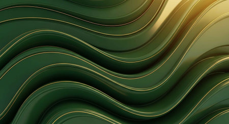 A vibrant green abstract background with wavy lines and golden accentsの写真素材