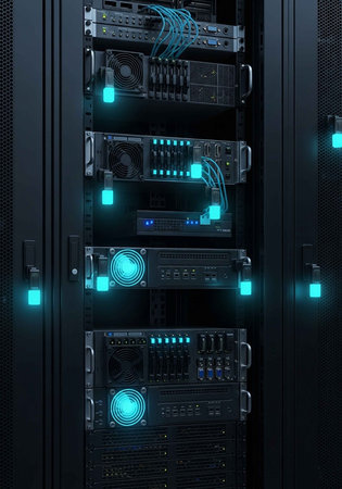 A close-up view of a server rack with glowing blue lights and various computer equipmentの写真素材