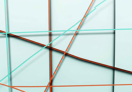 A modern geometric art piece featuring intersecting lines on a light blue backgroundの写真素材