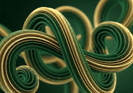 A close-up view of green and gold swirling ribbons in a beautiful, vibrant, and dramatic designの写真素材