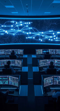 A group of people working in a modern control room with multiple computer screens and a large display showing a network diagramの写真素材