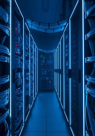 A dimly lit server room with rows of computer servers and cablesの写真素材