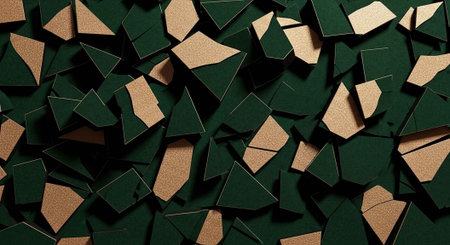 A close-up view of a pile of green and brown puzzle pieces scattered randomlyの写真素材