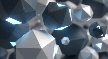 A close-up view of a collection of shiny, faceted, geometric crystals in various sizes and shapes.の写真素材