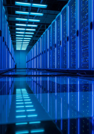 A large data center with rows of server racks illuminated by blue lightsの写真素材