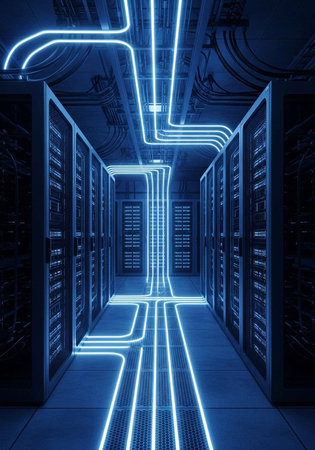 A futuristic server room with blue neon lights and rows of computer serversの写真素材
