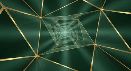 A modern geometric design with gold lines on a green backgroundの写真素材