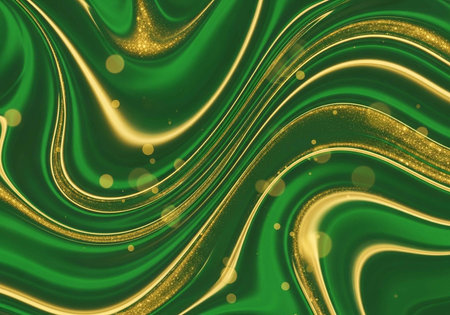 A vibrant green and gold abstract design with swirling patterns and glittering accentsの写真素材