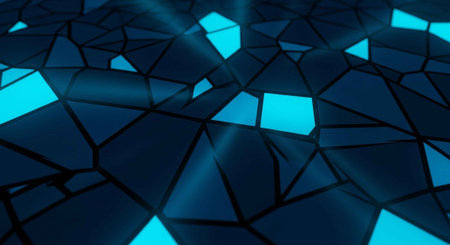 A dark blue abstract background with geometric shapes and light raysの写真素材