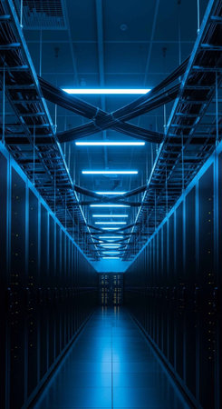 A dark blue-lit server room with rows of computer racks and overhead lightingの写真素材